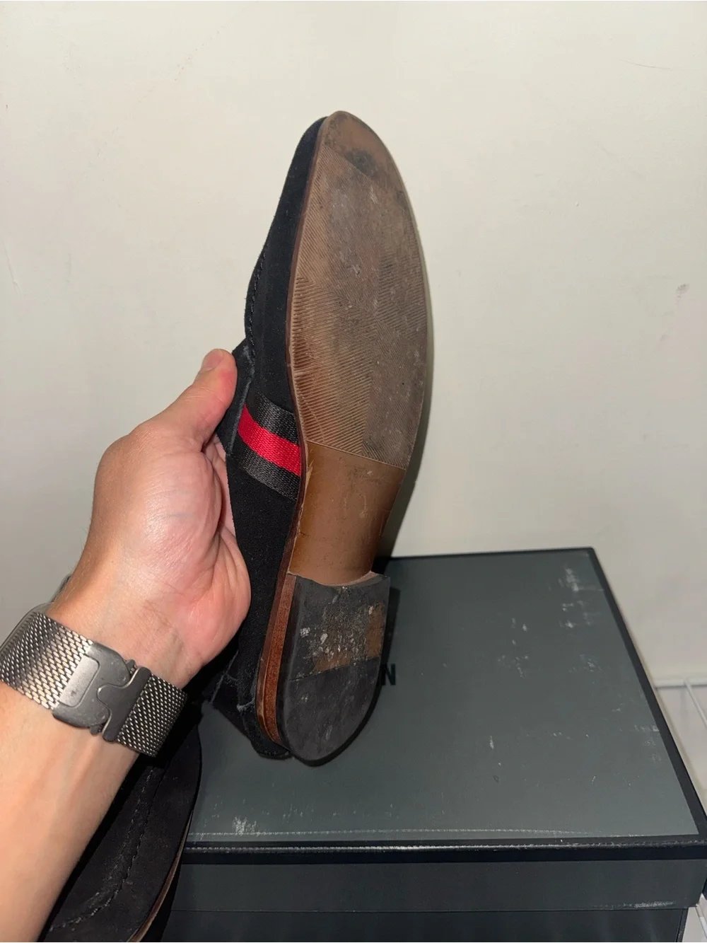 Steve Madden Black Suede Loafers with Red Accent